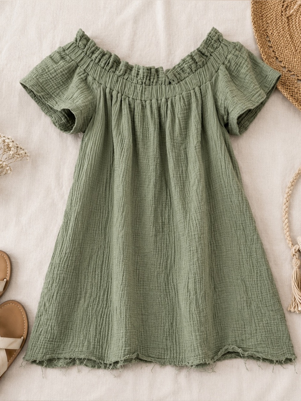 Amadi Womens S Petite Sage Green Gauze Off Shoulder Dress Pockets USA Boho